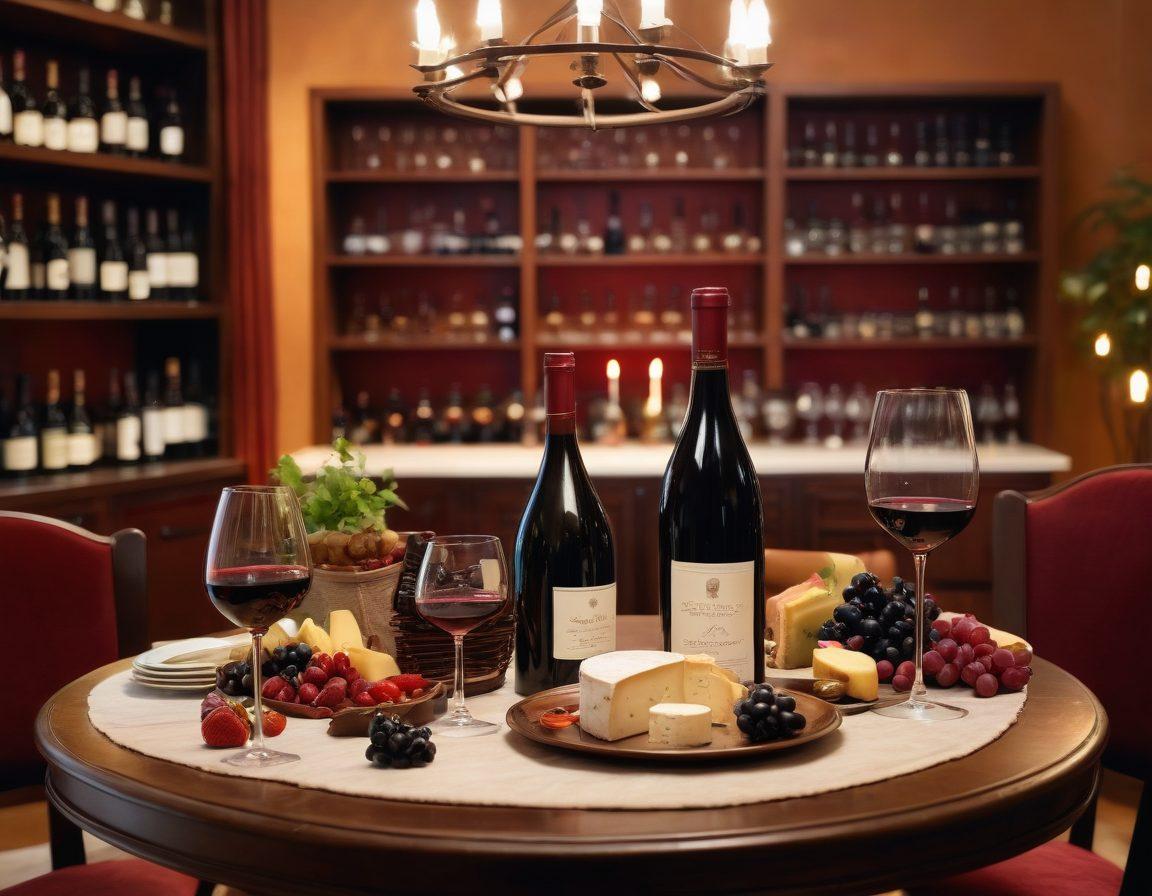 A beautifully set dining table featuring elegant wine accessories like a corkscrew, decanter, and wine glasses filled with rich red wine. Include a selection of gourmet cheeses and fruits arranged around the wine to highlight pairings. The ambiance should be warm and inviting, with soft candlelight enhancing the atmosphere. The background features shelves of assorted wines for an upscale feel. painting. warm colors. cozy atmosphere.
