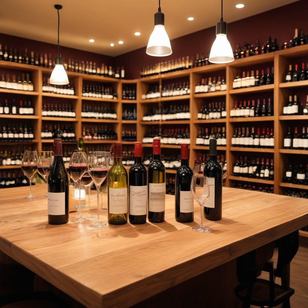 A cozy wine store with wooden shelves filled with diverse wine bottles, a knowledgeable staff member assisting a couple in selecting the perfect wine. In the background, a vibrant tasting event with people enjoying wine, tasting notes on display, and rich decorations. Soft ambient lighting creates a warm atmosphere. A corkscrew and wine glasses subtly placed on a table in the foreground. super-realistic. warm tones. soft focus.