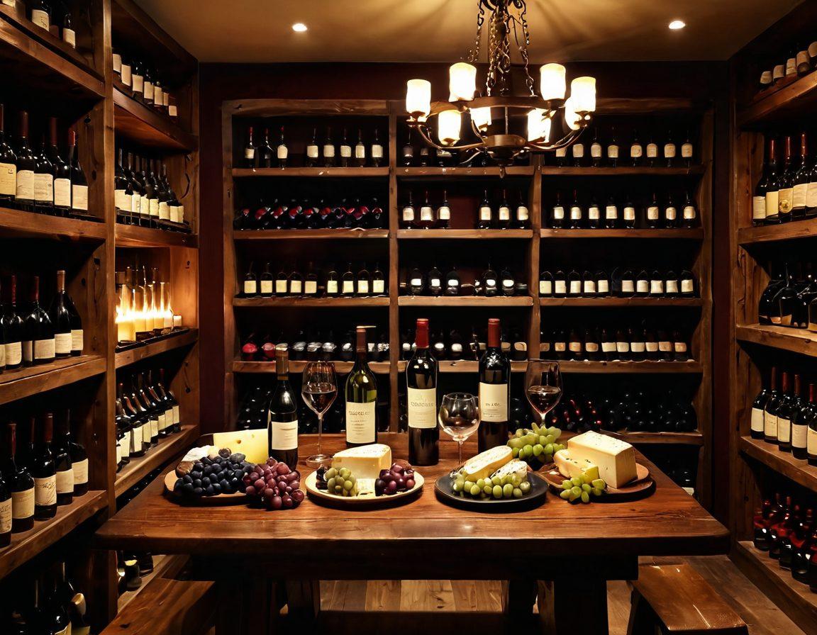 An elegant wine cellar filled with various wine bottles, soft candlelight flickering to create a warm ambiance. A beautifully set wooden table with a tasting setup, featuring glasses of red and white wine, a cheese platter, and grapes. Background showcasing rich wooden shelves lined with wine barrels. A tasteful blend of sophistication and inviting atmosphere. super-realistic. warm tones. vibrant colors.